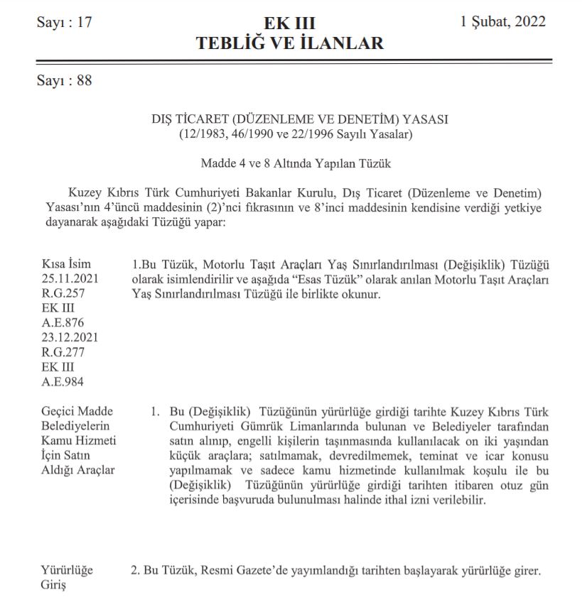 Motorlu Taşıt Araçları Yaş Sınırlandırılması (Değişiklik) Tüzüğü Resmi Gazete’de yayımlandı