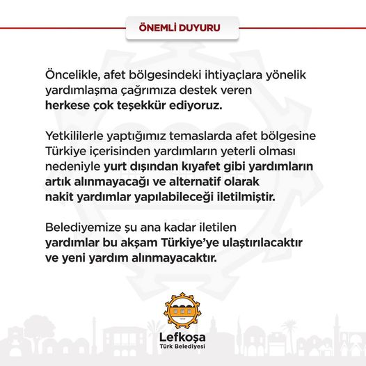 LTB, Türkiye’deki depremzedeler için yaptıkları çağrı kapsamında yeni yardım alınmayacağını duyurdu